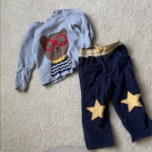 Mini boden Gray Bear Sweater and Navy Star Pants Set 2T